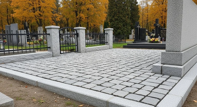 Благоустройство захоронений в Екатеринбурге — мощение гранитной плиткой, цоколь и ограда на ухоженном участке