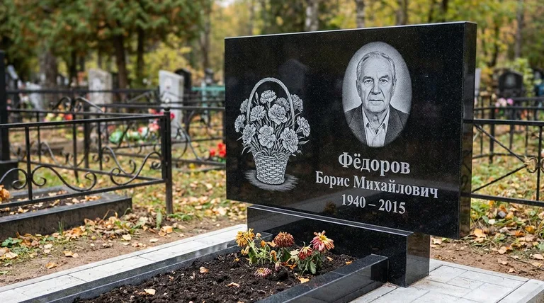 Памятник с гравировкой гвоздик — выполненная работа «Фёдоров» в Екатеринбурге