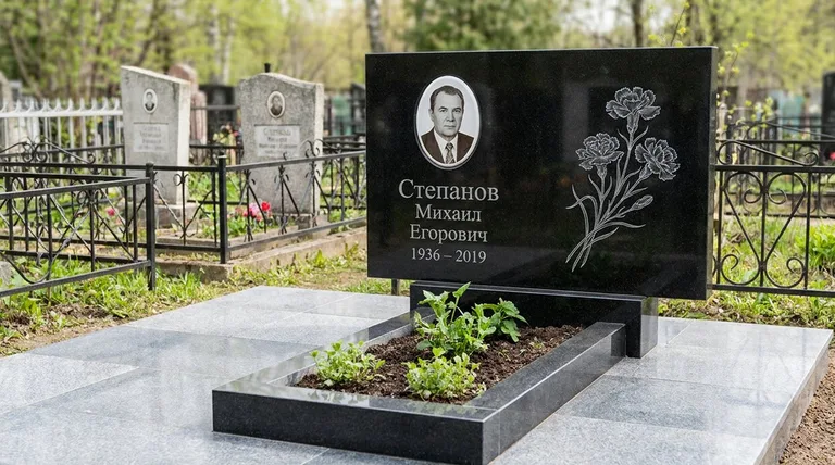 Памятник с гравировкой гвоздик — выполненная работа «Степанов» в Екатеринбурге