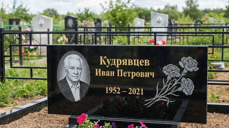 Памятник с гравировкой гвоздик — выполненная работа «Кудрявцев» в Екатеринбурге