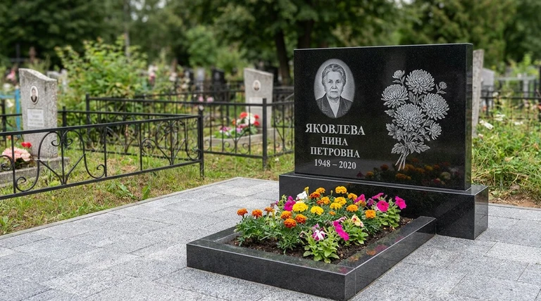 Гравировка хризантем на памятник в Екатеринбурге — пример работы на граните