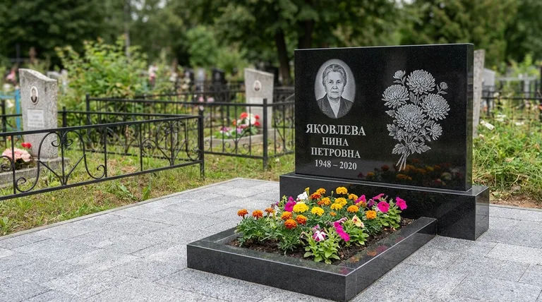 Памятник с гравировкой хризантем — выполненная работа «Соколов» в Екатеринбурге
