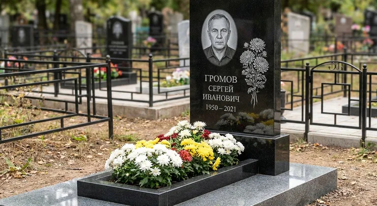 Памятник с гравировкой хризантем — выполненная работа «Громов» в Екатеринбурге