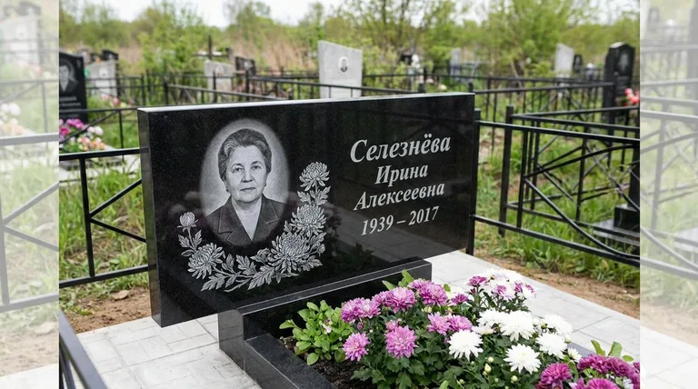 Памятник с гравировкой хризантем — выполненная работа «Селезнёва» в Екатеринбурге