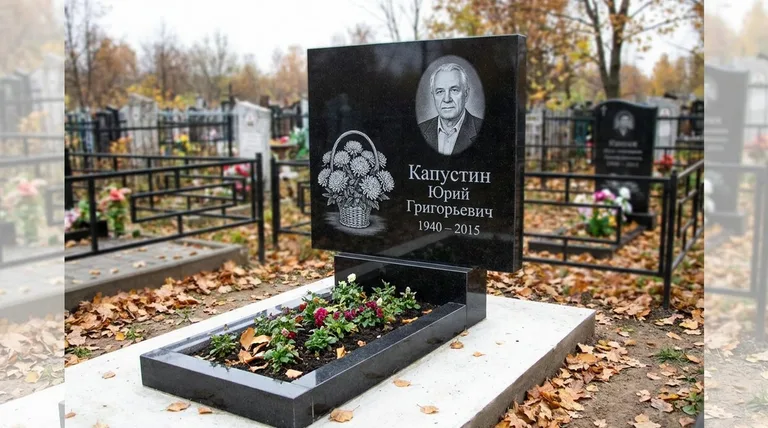 Памятник с гравировкой хризантем — выполненная работа «Капустин» в Екатеринбурге