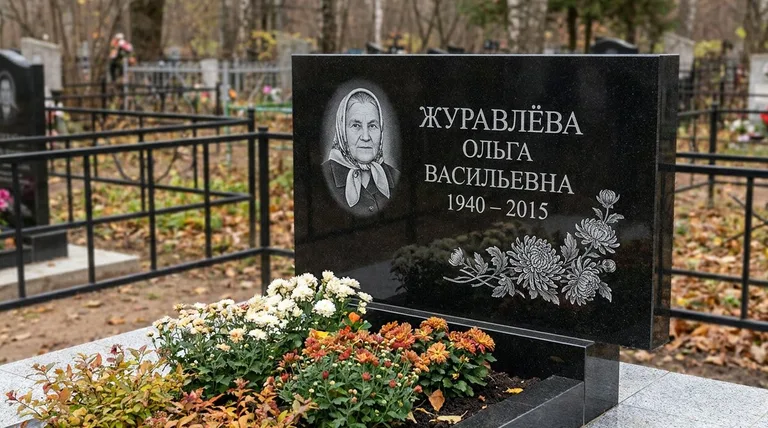 Памятник с гравировкой хризантем — выполненная работа «Журавлёва» в Екатеринбурге