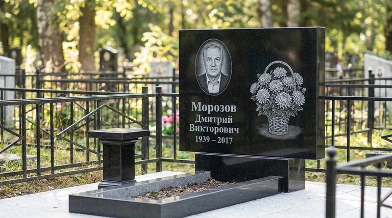 Памятник с гравировкой хризантем — выполненная работа «Морозов» в Екатеринбурге
