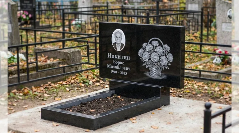 Памятник с гравировкой хризантем — выполненная работа «Никитин» в Екатеринбурге