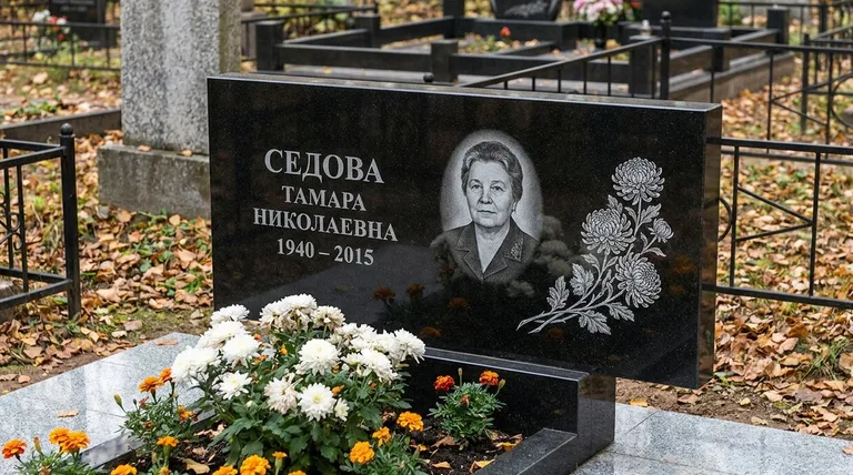 Памятник с гравировкой хризантем — выполненная работа «Седова» в Екатеринбурге