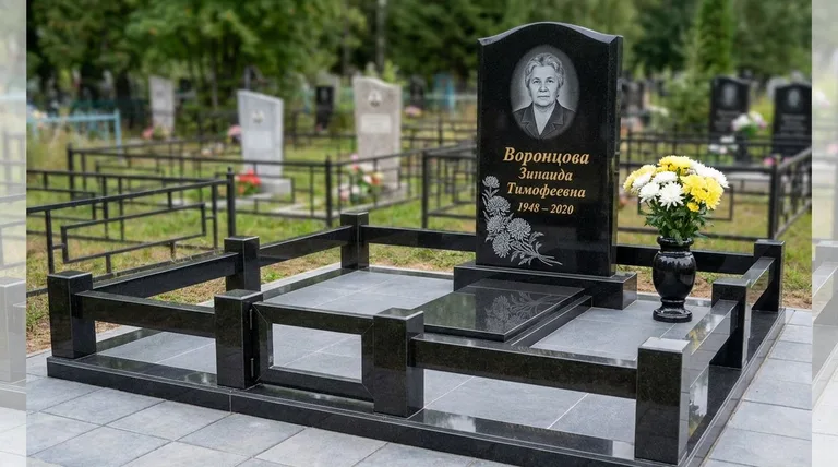 Памятник с гравировкой хризантем — выполненная работа «Воронцова» в Екатеринбурге