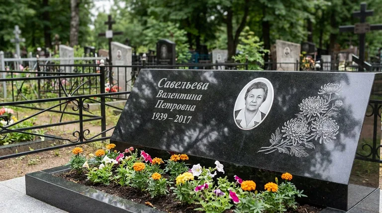 Памятник с гравировкой хризантем — выполненная работа «Савельева» в Екатеринбурге