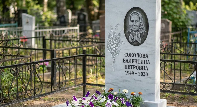 Памятник с гравировкой ландышей — выполненная работа «Соколова» в Екатеринбурге
