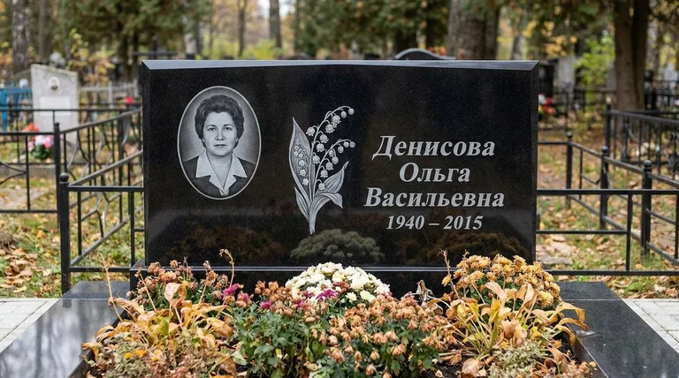 Памятник с гравировкой ландышей — выполненная работа «Денисова» в Екатеринбурге