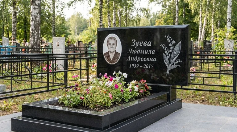 Памятник с гравировкой ландышей — выполненная работа «Зуева» в Екатеринбурге