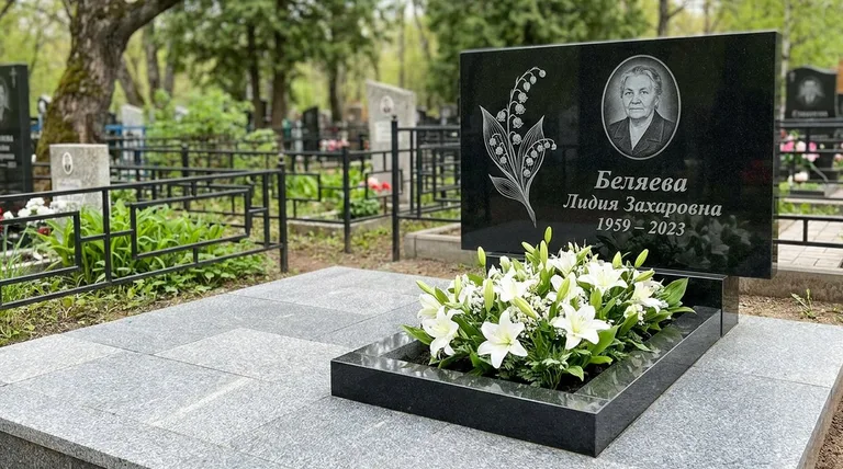 Памятник с гравировкой ландышей — выполненная работа «Беляева» в Екатеринбурге