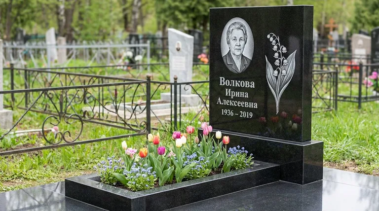 Памятник с гравировкой ландышей — выполненная работа «Волкова» в Екатеринбурге