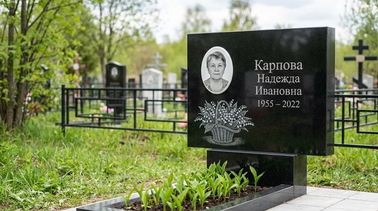 Памятник с гравировкой ландышей — выполненная работа «Карпова» в Екатеринбурге