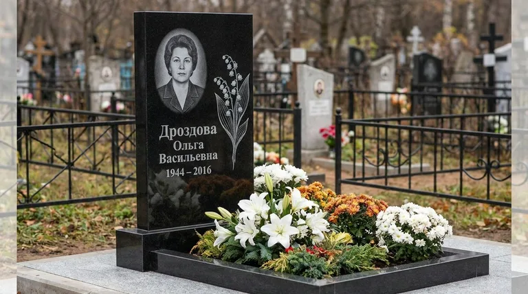 Памятник с гравировкой ландышей — выполненная работа «Дроздова» в Екатеринбурге