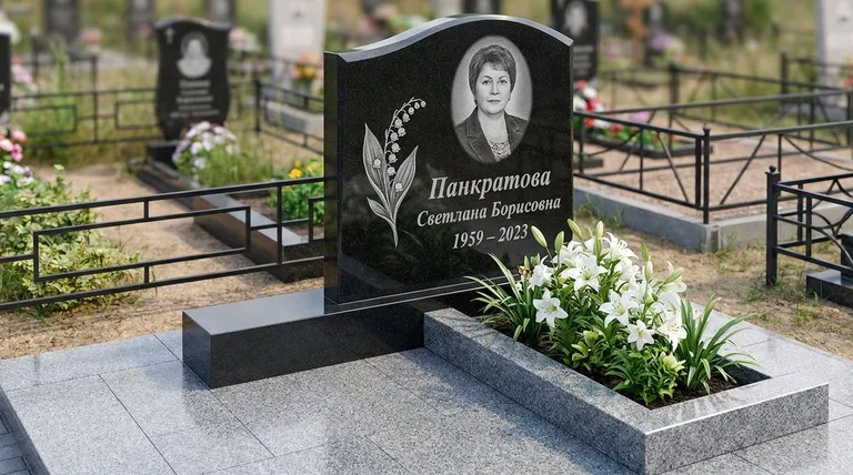 Памятник с гравировкой ландышей — выполненная работа «Панкратова» в Екатеринбурге