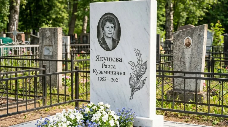 Памятник с гравировкой ландышей — выполненная работа «Якушева» в Екатеринбурге