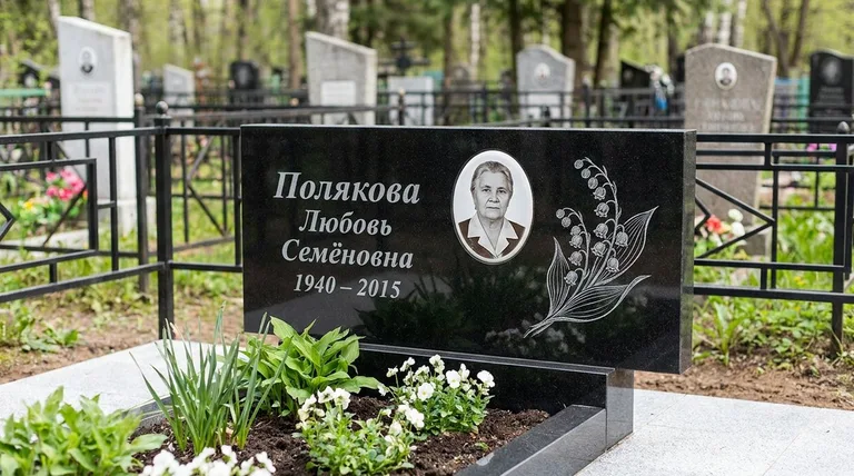 Памятник с гравировкой ландышей — выполненная работа «Полякова» в Екатеринбурге
