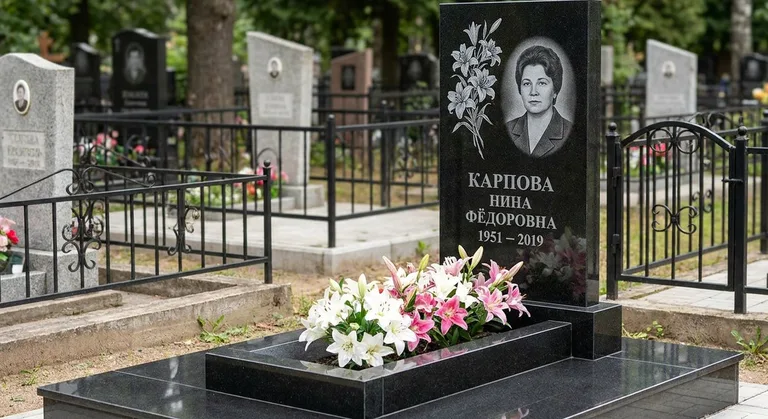 Памятник с гравировкой лилий — выполненная работа «Карпова» в Екатеринбурге