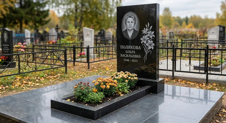 Памятник с гравировкой лилий — выполненная работа «Полякова» в Екатеринбурге