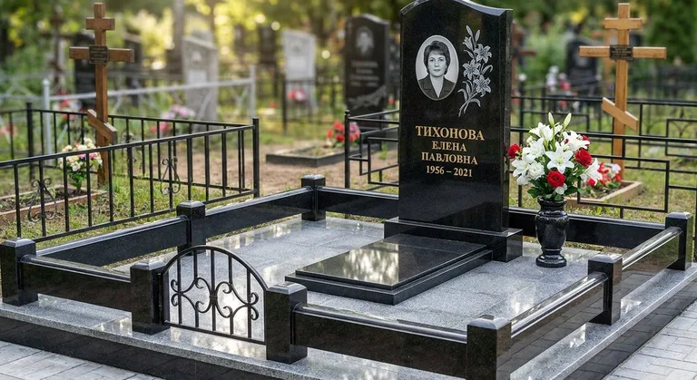 Памятник с гравировкой лилий — выполненная работа «Тихонова» в Екатеринбурге