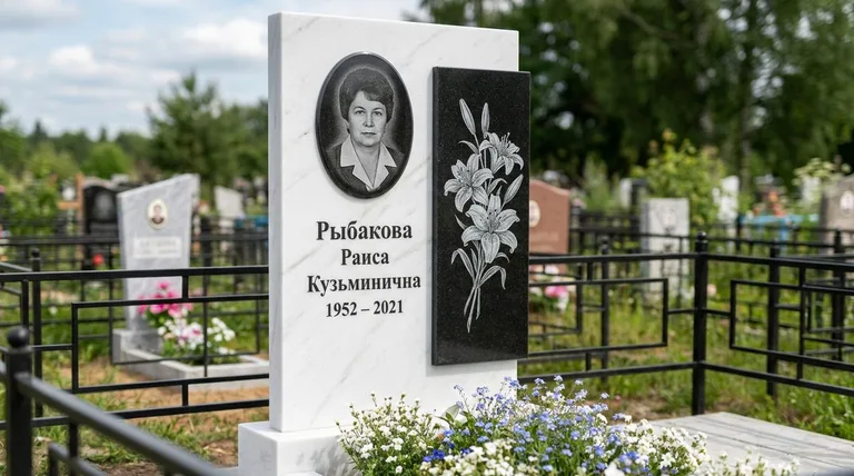 Памятник с гравировкой лилий — выполненная работа «Рыбакова» в Екатеринбурге