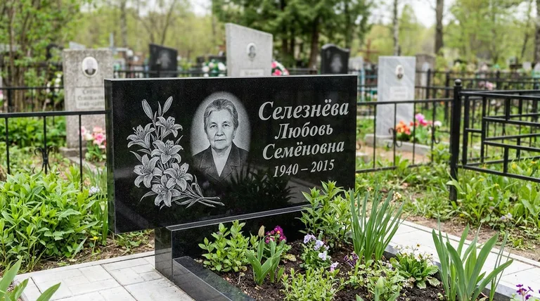 Памятник с гравировкой лилий — выполненная работа «Селезнёва» в Екатеринбурге
