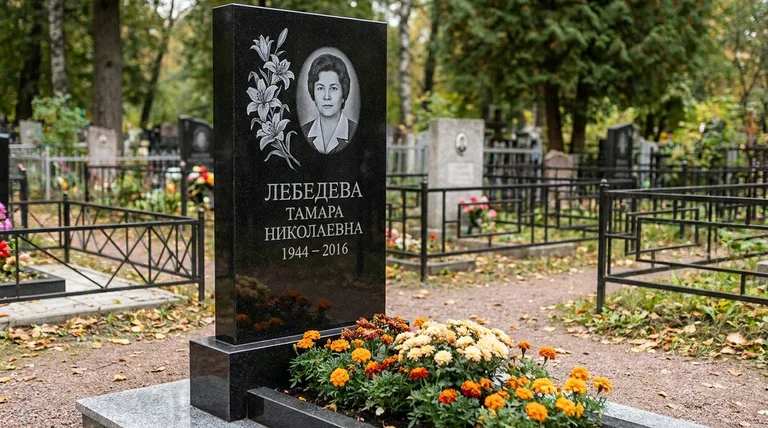 Памятник с гравировкой лилий — выполненная работа «Лебедева» в Екатеринбурге
