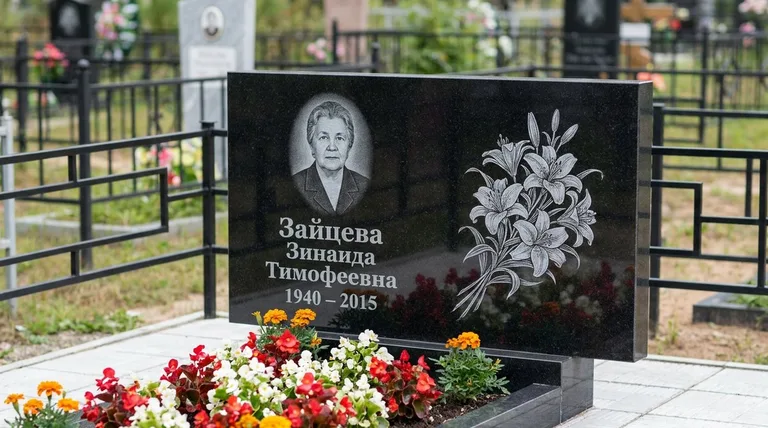 Памятник с гравировкой лилий — выполненная работа «Зайцева» в Екатеринбурге