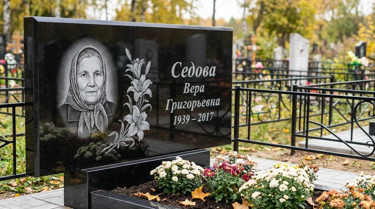 Памятник с гравировкой лилий — выполненная работа «Седова» в Екатеринбурге