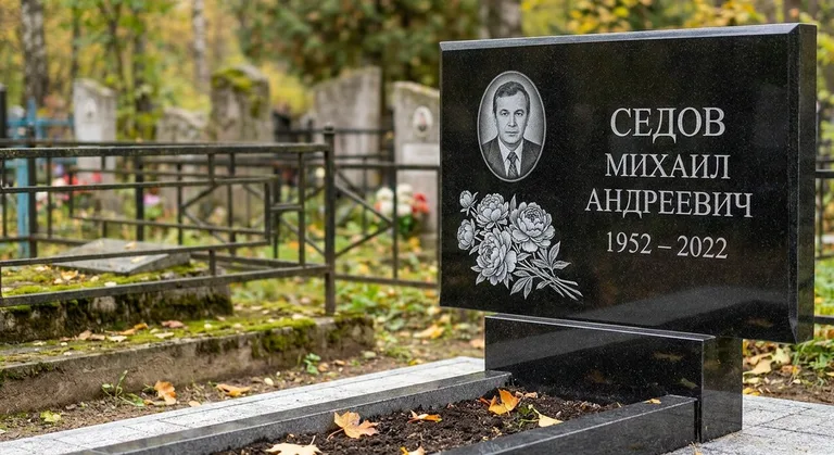 Памятник с гравировкой пионов — выполненная работа «Седов» в Екатеринбурге