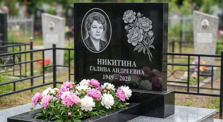 Памятник с гравировкой пионов — выполненная работа «Никитина» в Екатеринбурге