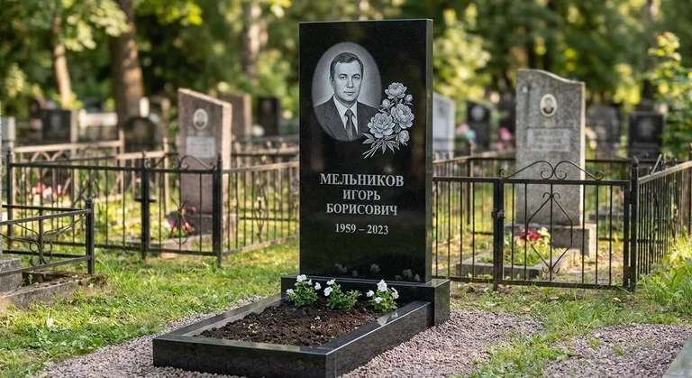 Памятник с гравировкой пионов — выполненная работа «Мельников» в Екатеринбурге
