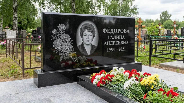 Памятник с гравировкой пионов — выполненная работа «Фёдорова» в Екатеринбурге