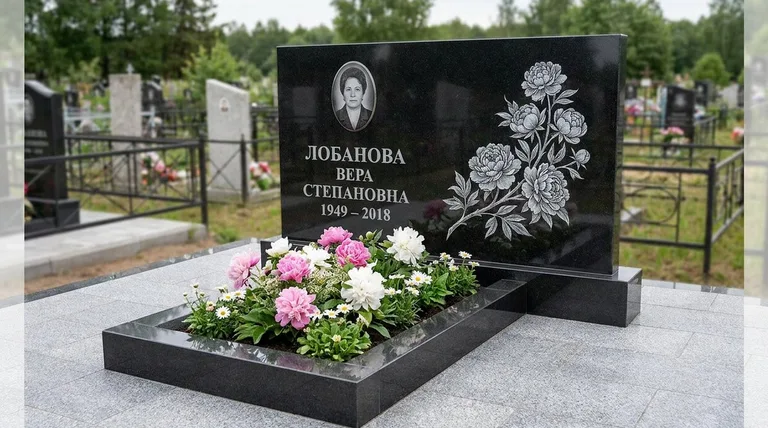 Памятник с гравировкой пионов — выполненная работа «Лобанова» в Екатеринбурге