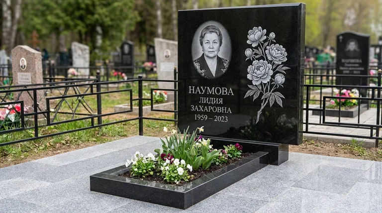 Памятник с гравировкой пионов — выполненная работа «Наумова» в Екатеринбурге