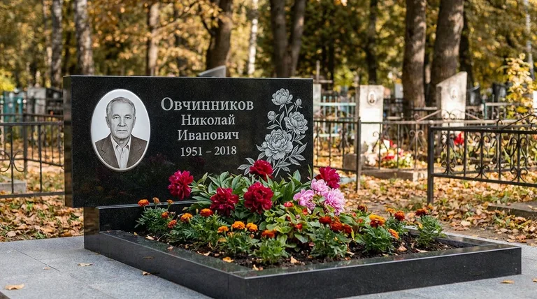 Памятник с гравировкой пионов — выполненная работа «Овчинников» в Екатеринбурге