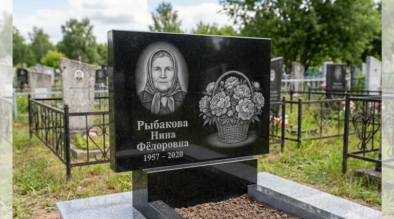 Памятник с гравировкой пионов — выполненная работа «Рыбакова» в Екатеринбурге