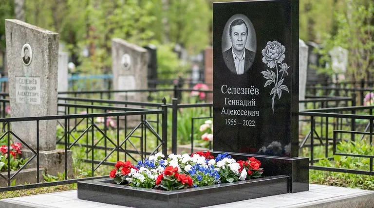 Памятник с гравировкой пионов — выполненная работа «Селезнёв» в Екатеринбурге