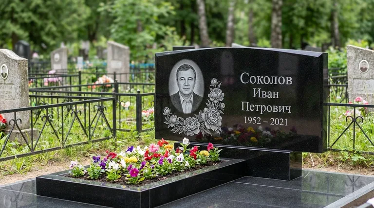 Памятник с гравировкой пионов — выполненная работа «Соколов» в Екатеринбурге
