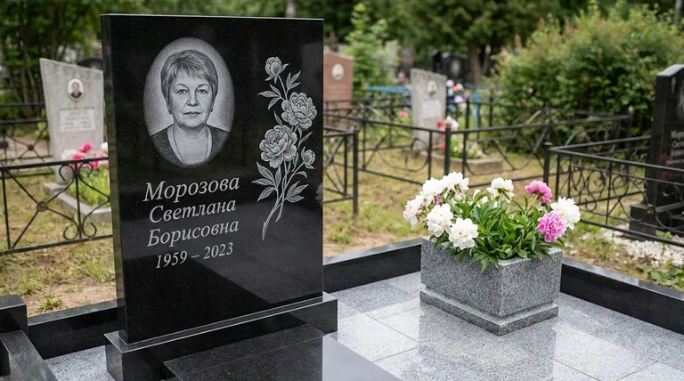 Памятник с гравировкой пионов — выполненная работа «Морозова» в Екатеринбурге