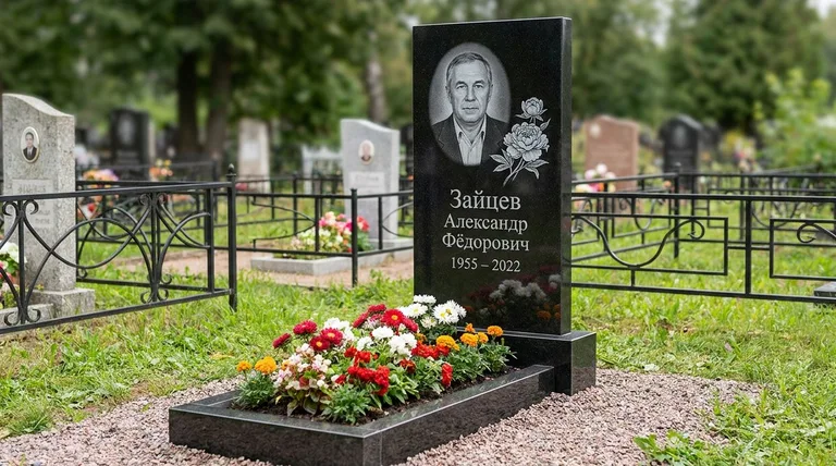 Памятник с гравировкой пионов — выполненная работа «Зайцев» в Екатеринбурге