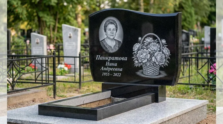 Памятник с гравировкой пионов — выполненная работа «Панкратова» в Екатеринбурге