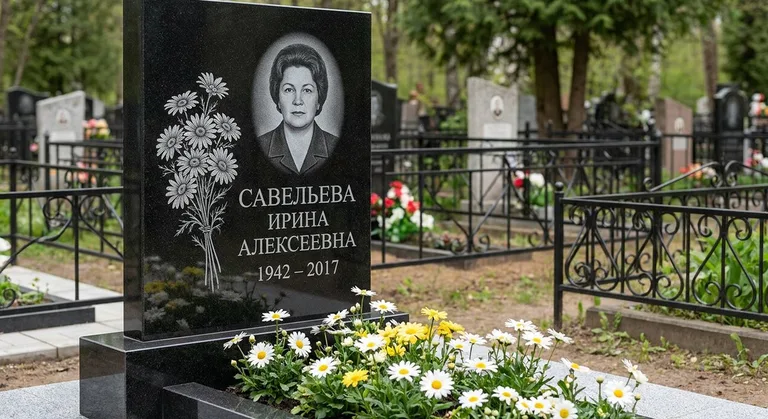 Памятник с гравировкой ромашек — выполненная работа «Савельева» в Екатеринбурге