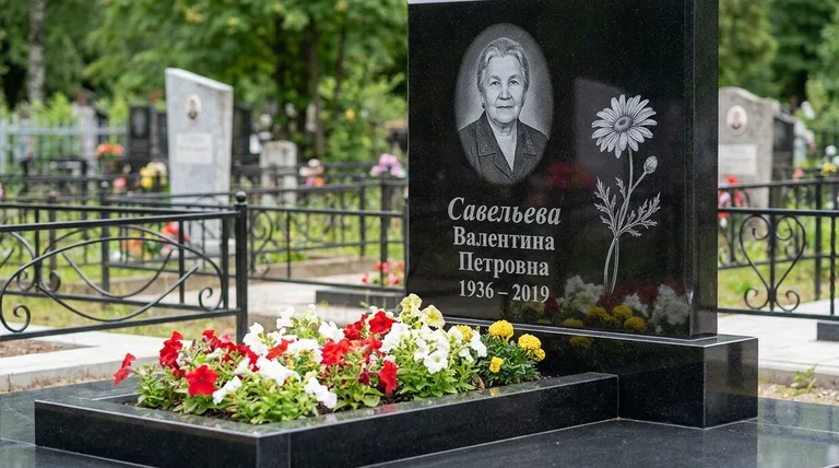 Памятник с гравировкой ромашек — выполненная работа «Савельева» в Екатеринбурге