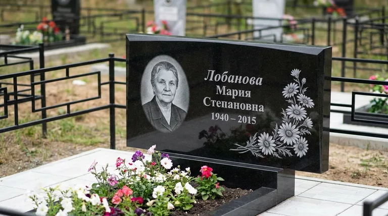 Памятник с гравировкой ромашек — выполненная работа «Лобанова» в Екатеринбурге