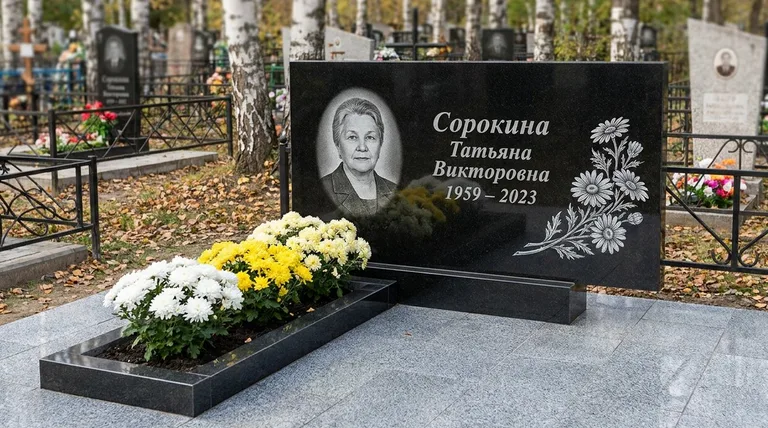 Памятник с гравировкой ромашек — выполненная работа «Сорокина» в Екатеринбурге